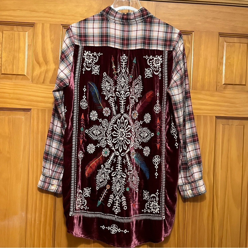 Johnny Was Workshop Embroidered Plaid Shirt with Velvet Boho Bohemian Size Small